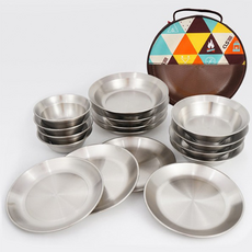 캠핑 무광 스텐 레스 스틸 16P 테이블 웨어 접시 세트 피크닉 가정 용 그릇 보관 가방