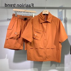 夏季新款 套裝男 工裝日係套裝 複古 寬鬆 潮牌 襯衫短褲套裝男 情侶兩件套 短袖短褲一套 BF風 運動風 純色套裝男