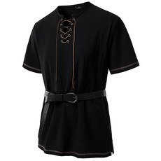 JEMITOP 남성용 순면 레트로 반소매 레이스업 셔츠 캐주얼 르네상스 해적 중세 바이킹 벨트 없음 블랙.