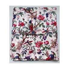 화이트 핸드블록 꽃새 프린트 수제 코튼 칸타 퀼팅 보호 침구 담요 히피 퀸/킹 사이즈 보헤미안 블록 퀼트 (퀸 90X108 인치), 퀸 90X108 인치