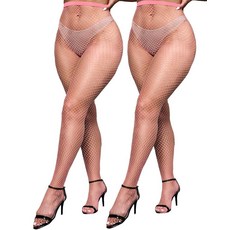 ZINTEDI 2쌍 플러스 사이즈 블랙 망사 스타킹 여성용 하이 웨이스트 스타킹 핑크