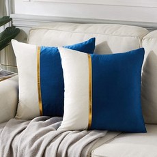 Fancy Homi 장식용 쿠션 커버 50.8x50.8cm(20x20인치) 거실 카우치 베드 네이비 블루 및 화이트 벨벳 패치워크 골드 가죽 럭셔리 모던 홈 데코 액센