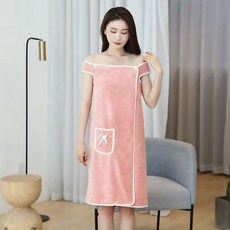 반야스토리 어깨끈 걸쳐입는 치마형 원피스 면샤워가운 다운 호주머니 리본, 포켓형 핑크, 1개