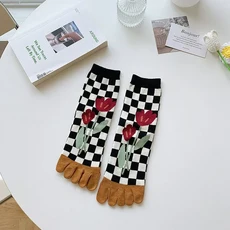 쿠쿠스토어 여자 가을 겨울 순수 코튼 다섯 손가락 양말 인쇄 분할 빈티지 편안한