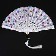 刺繡亮片摺扇 舞蹈扇 旗袍走秀道具, 白色七彩亮片扇加吊墜, 1個