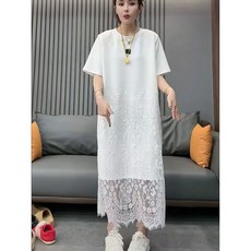 AREVI 여름 여성 빅 사이즈 기품 심플 와이드 레이스 캐주얼 날씬해 보이는 롱 원피스
