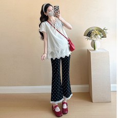 패션 임부복 상하의 세트 봄 여름 임산부 캐주얼 코디 레이스 상의 + 슬림핏 도트 팬츠 프리미엄 얇은 투피스 WMY