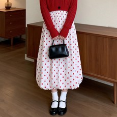 꽃무늬 반스커트 여성용 봄여름 레드 패션 도트무늬 퍼프 롱스커트 루즈핏 스위트 스타일 A라인 스커트