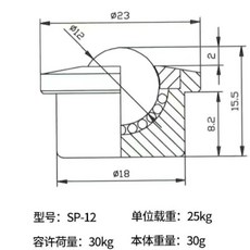 SP系列 萬向輪牛眼輪軸承, SP-12FL 帶螺絲桿, SP-12FL