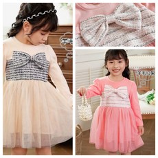 HXTV KIDS 女童長袖蝴蝶結織紋紗裙洋裝 甜美公主裙