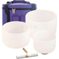 KVKA 432Hz 6인치 B 7인치 G 8인치 A 3개 세트 차크라 프로스팅 쿼츠 크리스탈 싱잉볼 6-8인치 튼튼한 휴대용 케이스와 스웨이드 스트라이커 O-링 포함