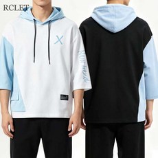 RCLET 남성 반팔 티셔츠 여름 얇은 후드 프린트 티셔츠 칠부 티셔츠 커플 루즈핏 캐주얼 티셔츠 상의