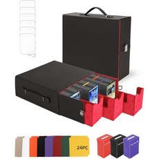 카드 박스 트레이딩 - 2400개 이상 저장용 손잡이 포함 3개의 PP 24색 구분선 6개 PU 인조 가죽 커맨더 디스플레이 MTG 스포츠 카드용, 검정 & 빨강