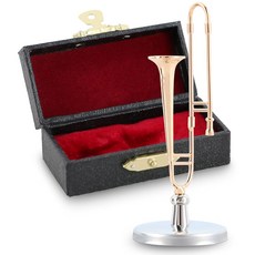 이스트락 2 1인치 미니 트롬본 모델 케이스와 스탠드가 있는 금도금 미니어처 트롬본 미니 악기 홈 장식 인형의 집 장식, 1개