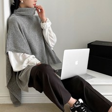 Tteugaejin 女款寬鬆羊毛側開衩高領斗篷 Eve 針織背心