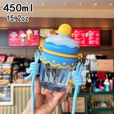 可愛蛋糕杯 塑膠便攜水杯 附揹帶, 藍色 400ml, 1個