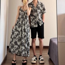 커플 시밀러룩 바캉스 원피스 패밀리룩 티셔츠 신혼여행 긴팔 하와이안 웨딩촬영 휴양지 반팔 드레스