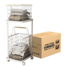 리빙가감법 철제 와이어 빨래 바구니 이동식 빨래통 세탁바구니 수거함 보관함 대용량 2단 빨래바구니 철재, 화이트