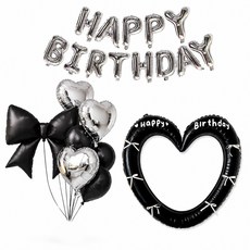 블랙실버 생일파티 장식세트 하트풍선 레터링풍선 리본 홈파티꾸미기, 1세트, 블랙실버생일파티