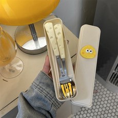 可愛ins奶酪勺子叉子筷子三件套學生兒童便攜餐具收納盒套装 不鏽鋼餐具 湯匙 環保餐具 餐具組 湯勺, 1個, ins萌奶酪,單雙筷子