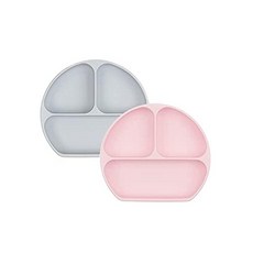 Bumkins 유아용 실리콘 스트레치 뚜껑 그립 접시 & 3분할 그립 접시용, 2-Pk, F3 그레이, 핑크-GD