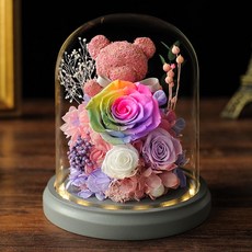 永生花小熊玫瑰玻璃罩，手工製作，七夕情人節/教師節/聖誕節交換禮物，LED燈飾, 七彩星辰