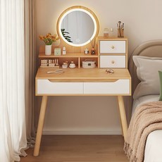 오솜 화장대 거울 LED 서랍형 테이블, 우드