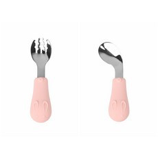 嬰兒彎頭勺 彎柄勺 學習叉勺組 寶寶學習餐具 輔食訓練叉勺, 不鏽鋼粉兔子組(直勺+彎曲叉), 1個