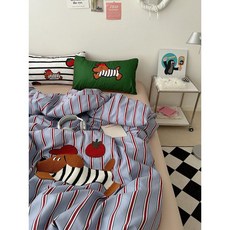 새끼 사슴 ins 스트라이프 4 점 세트 만화 워쉬드 코튼 강아지 기숙사 3 수건 자수 시트 이불 커버