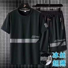 135公斤大尺碼 圓領夏季超薄冰絲短袖T恤男士寬鬆加肥加大速幹休閒運動服短褲兩件套口袋透氣五分褲套裝