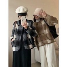 모던 임부복 코트 체크 보풀 니트