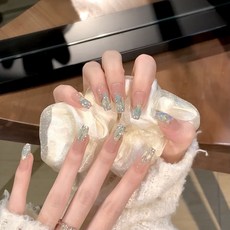 韆繁 極光 純手工穿戴甲 美甲穿戴式指甲片 鑽中長款短梯立, 1個, 高冷極光【中長梯25mm】,XS