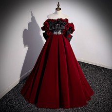 酒紅色絲絨蝴蝶結晚禮服 法式敬酒服