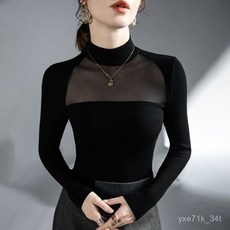 【臺灣出貨 】 2025微透網紗拚接上衣黑色秋冬新款內搭打底衫女長袖