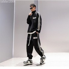 條紋運動立領夾克休閒衛褲兩件套春秋大碼美式復古運動套裝