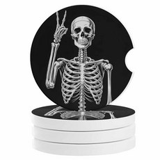 여성/남성용 컵 홀더 자동차 컵받침 - 4팩 흡수성 세라믹 스톤 음료 코스터 세트 재미있는 해골 승리, 승리의 제스처