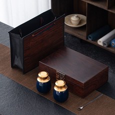 陶瓷茶葉罐 存茶罐 木盒二兩禮盒 通用茶葉包裝盒, 黑檀木紋雙罐禮盒-圓罐-藍, 1個