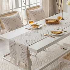 유또 린넨 패턴 태슬 식탁보 테이블 러너, 1개, 33 x 185 cm, 베이지