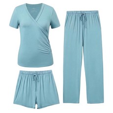 PATPAT 3피스 임산부 수유 파자마 임신부터 산후 모유 포켓 포함 부드러운 잠옷 S~XXL 세이지 그린. M 231694