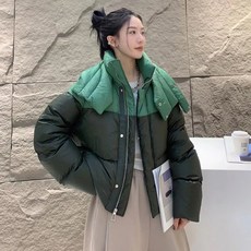빛나는 판다 패딩 유러피언 배색 코트 ins 여 숏 스타일 후드슨 그린 겨울 집업