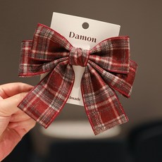 도니주니 체크 와인 리본 헤어핀