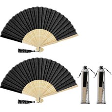 Sndperiexam 블랙 패브릭 접이식 핸드 팬 2개 태슬 나무 매력이 있는 중국 휴대용 선풍기 DIY 빈 종이 빈티지 레트로 스타일 장식 축제 결혼식 댄스 파티용