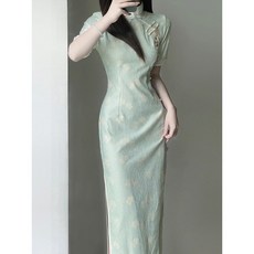 氣質旗袍綠色中國風改良新中式連衣裙 宴會禮服氣質長裙