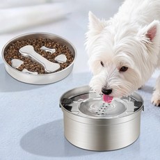 Zaxnouvi 강아지 물그릇 304 스테인리스 플로팅 급수기 슬로우 밥그릇 2구 세트, 2개, 실버