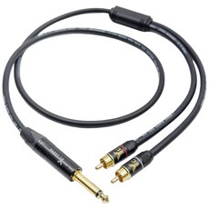 高級隔離音源線 RCA轉6.3mm TS梅花頭 Y型一分二音頻線 MIXER音源轉接線 音響訊號傳輸線, YF36-5L9BG 彎頭 6mm粗線,總長度80cm 分岔30cm