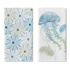 Croar 해안 해파리 주방 접시 타월 2개 세트 블루 비치 바다 해양 생물 건조 핸드 베이킹 요리 천 해상 데크 욕실 홈 데코 45.7 x 66cm(18 26인치), Croar 해안 해파리 주방 접시 타월 2개 세트, 블