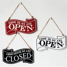 오픈 클로즈 우드 안내판 도어 사인 팻말 표지판 카페 매장 나무 문패 간판 OPEN CLOSED 영업중 안내, 레드