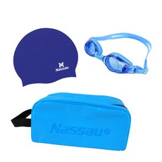 낫소 3in1 어린이 3종(수경/수모/수영 가방) 생존수영 세트 수영모자 물안경 초보 3가지 색상, 1세트, 블루