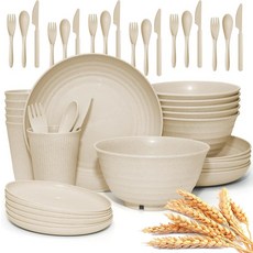 42Pcs 밀짚 식기 세트 깨지지 않는 접시 및 그릇 식기세척기 전자레인지 안전, Beige, 1