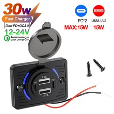 2-4 포트 USB 아울렛 QC 22.5W PD 30W 타입-C 퀵 차지 & QC3.0 패널 벽걸이 충전기 어댑터 버스 ATV 트럭용, 05 Dual PD Dual USB